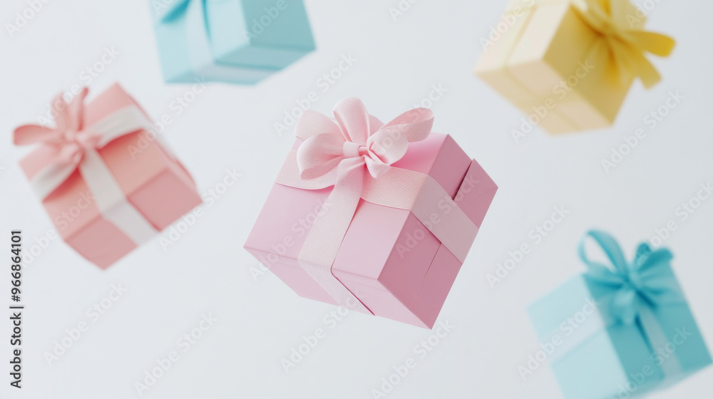 A set of colorful gift boxes with pastel ribbon bows, floating in mid-air against a white background. These modern, closed boxes are perfect for birthday, wedding, or holiday celebrations. A set of colorful gift boxes with pastel ribbon bows, floating in mid-air against a white background. These modern, closed boxes are perfect for birthday, wedding, or holiday celebrations.