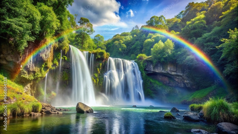 Scenic waterfall with rainbow above vibrant forest, showcasing depth of field Scenic waterfall with rainbow above vibrant forest, showcasing depth of field