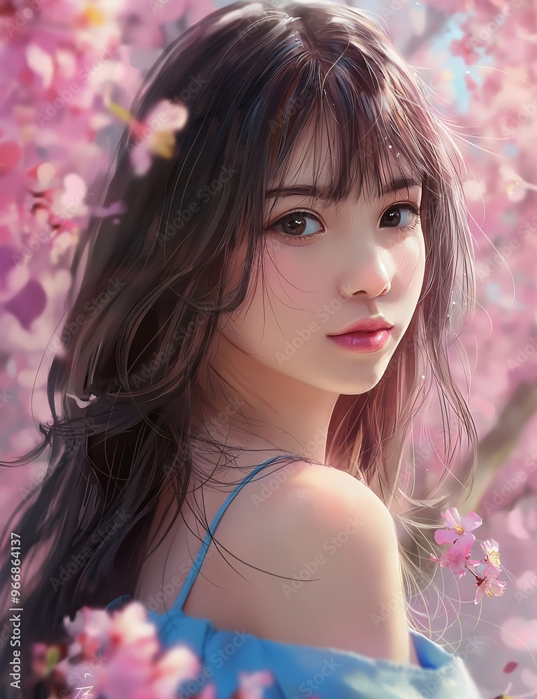 Fototapeta premium An anime-style illustration of an extremely beautiful Japanese girl with long brown hair and bangs, wearing a blue dress