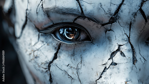 Close-Up of Cracked Futuristic Android Face with Blue Eyes in Grunge Style, Symbolizing Artificial Intelligence, Technological Advancement, and Human-Machine Fusion