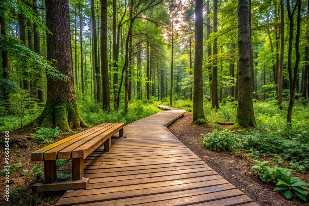 Scenic wooden footpath and bench in the forest Scenic wooden footpath and bench in the forest