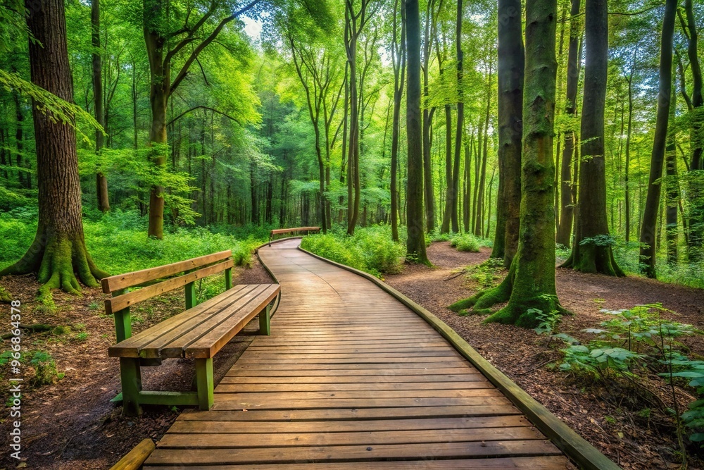 Scenic wooden footpath and bench in the lush forest setting Scenic wooden footpath and bench in the lush forest setting