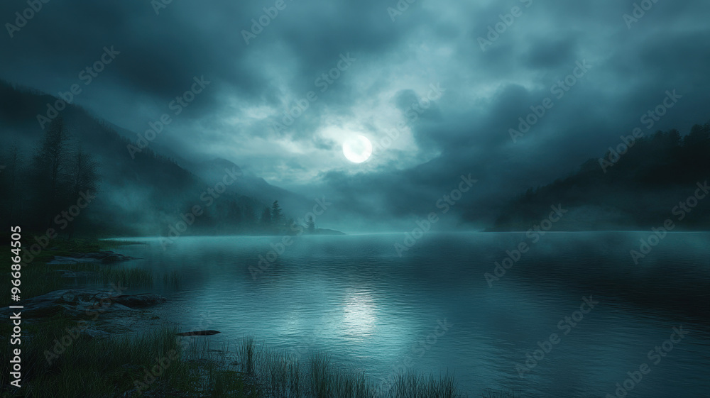 Fototapeta premium Mysterious misty lake at night with dark clouds, moonlight reflecting on calm water, surrounded by foggy mountains and forest, evoking a tranquil and eerie wilderness atmosphere
