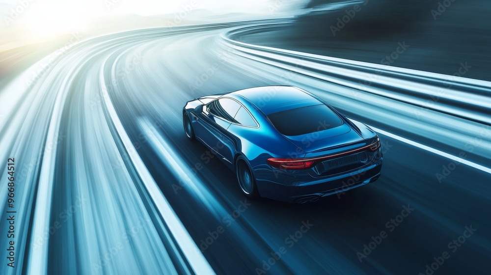 Obraz premium A sleek blue business car speeds through a sharp turn on a highway, showcasing its powerful design as sunlight casts a warm glow, creating a striking motion blur effect