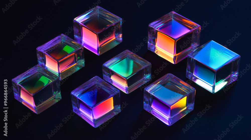 A set of square shapes made of glass with a rainbow-like effect, like a prism, against a black background. The glass looks clear and shiny, with light reflecting off it. A set of square shapes made of glass with a rainbow-like effect, like a prism, against a black background. The glass looks clear and shiny, with light reflecting off it.