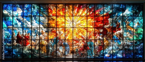 A Stained Glass Window Depicting a Biblical Scene with Figures Surrounded by Light and Clouds