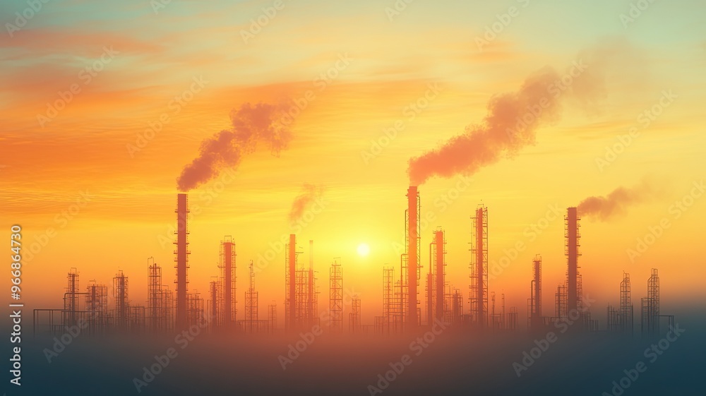Industrial refinery skyline at sunrise with smoke, A sprawling industrial refinery emits smoke from tall chimneys at sunrise, symbolizing manufacturing, pollution, and energy production.
Industrial refinery skyline at sunrise with smoke, A sprawling industrial refinery emits smoke from tall chimneys at sunrise, symbolizing manufacturing, pollution, and energy production.