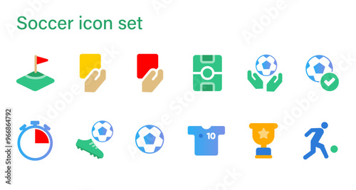 Soccer icon set collection of football red yellow card field match goal ball possession jersey