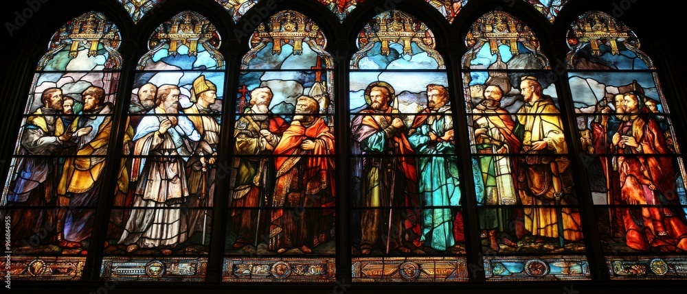 Stained Glass Window Depicting a Group of Men in Religious Robes Stained Glass Window Depicting a Group of Men in Religious Robes