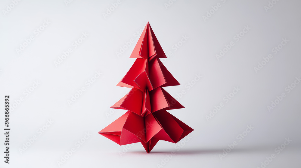 A simple, geometric Christmas tree made of red triangles. It looks like folded paper or a crystal, perfect for a modern New Year's design. A simple, geometric Christmas tree made of red triangles. It looks like folded paper or a crystal, perfect for a modern New Year's design.