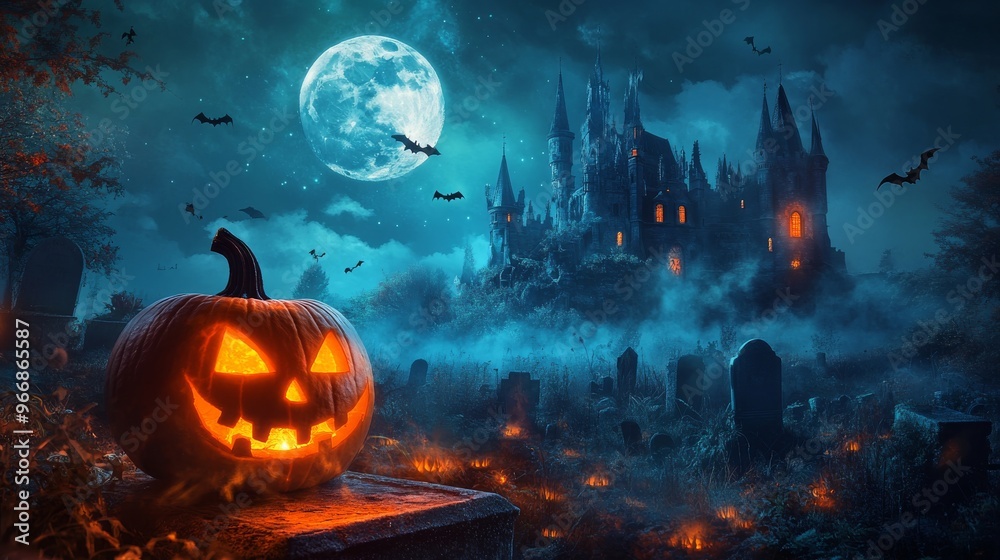 A Jack-o'-lantern sits atop a gravestone, casting a flickering glow as a dark castle looms in the background, illuminated by a full moon and surrounded by bats
