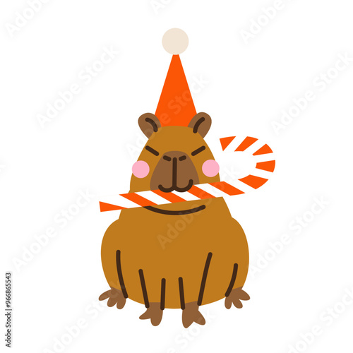 Cute capybara with candy cane. Hand drawn vector illustration. Funny animal isolated on white.Naive Christmas childish design.Cool comic character, kids poster, xmas card, social media banner.