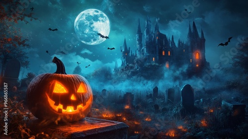 A Jack-o'-lantern sits atop a gravestone, casting a flickering glow as a dark castle looms in the background, illuminated by a full moon and surrounded by bats