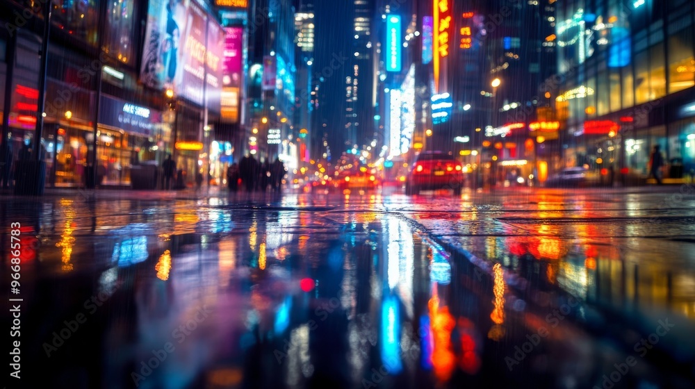 A lively urban scene unfolds at night, with reflections of colorful lights shimmering on wet pavements, showcasing the energy of city life and towering skyscrapers A lively urban scene unfolds at night, with reflections of colorful lights shimmering on wet pavements, showcasing the energy of city life and towering skyscrapers
