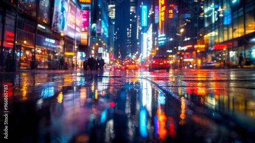 A lively urban scene unfolds at night, with reflections of colorful lights shimmering on wet pavements, showcasing the energy of city life and towering skyscrapers