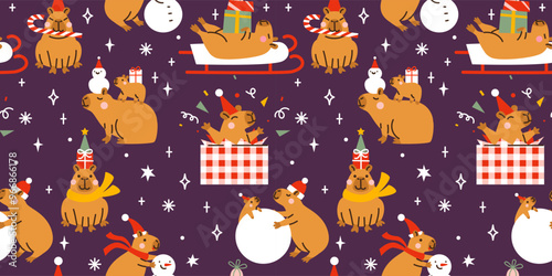 Seamless Christmas pattern with Cute capybaras. Hand drawn vector illustration. Funny animal background. Naive childish design. Cool comic character, kids poster, card, social media banner.