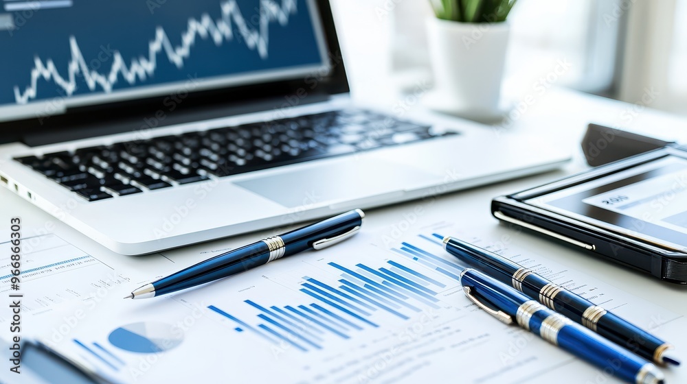 Financial Business Charts Analysis Laptop Pens Desk Workplace Financial Business Charts Analysis Laptop Pens Desk Workplace