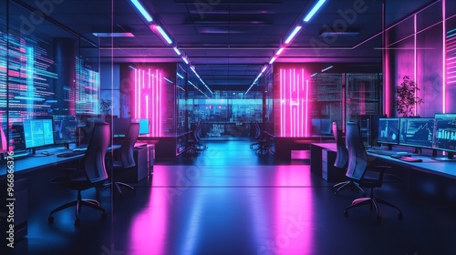 A vibrant and modern office environment features glowing neon lights in pink and blue, creating an inspiring atmosphere for innovation and productivity photo