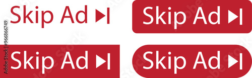 Set of Skip ad buttons icons in trendy Red flat styles. skip advertisement png buttons for website designs, online videos player. Advertisement text vectors isolated on transparent background.