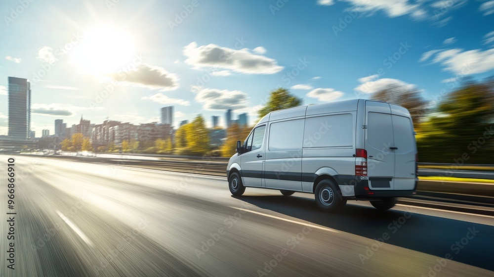 A delivery van accelerates down a sunlit highway, showcasing its sleek design against a backdrop of skyscrapers and a bright blue sky with fluffy clouds A delivery van accelerates down a sunlit highway, showcasing its sleek design against a backdrop of skyscrapers and a bright blue sky with fluffy clouds