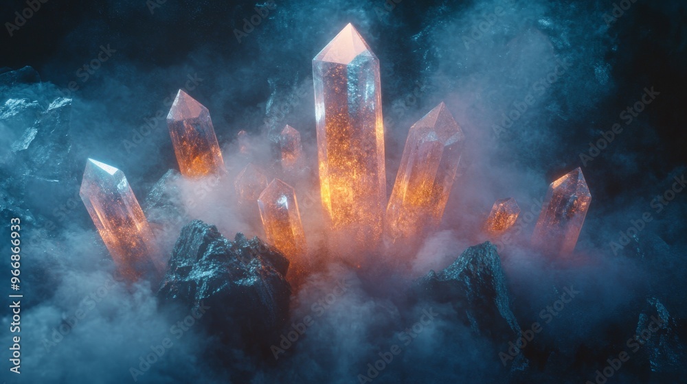 Glowing Crystal Formations in a Mystical, Smoky Cave Glowing Crystal Formations in a Mystical, Smoky Cave