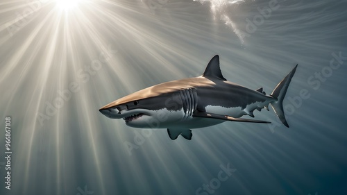 Wallpaper Mural Great white shark swimming near the surface with sun rays penetrating the water
 Torontodigital.ca