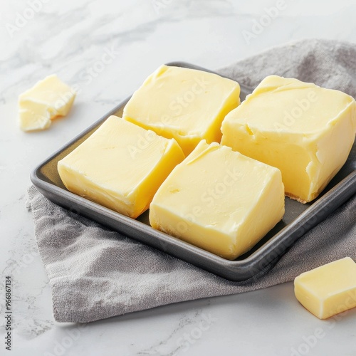 Fresh blocks of creamy butter on a slate plate, perfect for cooking, baking, or spreading on bread for a rich flavor. photo