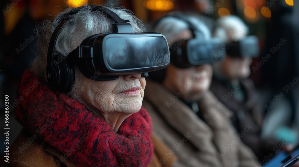 Group of seniors gathered in a community center, exploring new technology with virtual reality headsets and tablets, bright indoor lighting, atmosphere of excitement and discovery