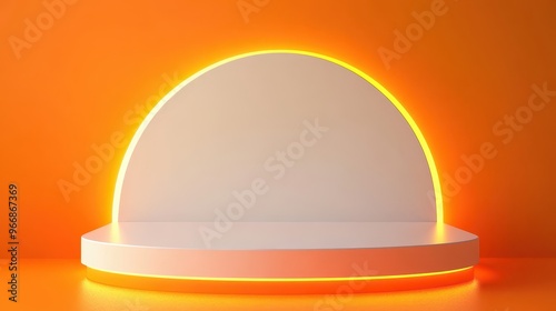 Floating orange podium with glowing edges, sleek white backdrop, modern abstract art