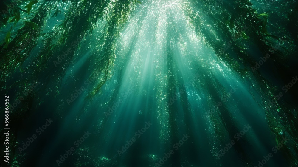 Sunbeams Shining Through Kelp Forest Underwater Sunbeams Shining Through Kelp Forest Underwater
