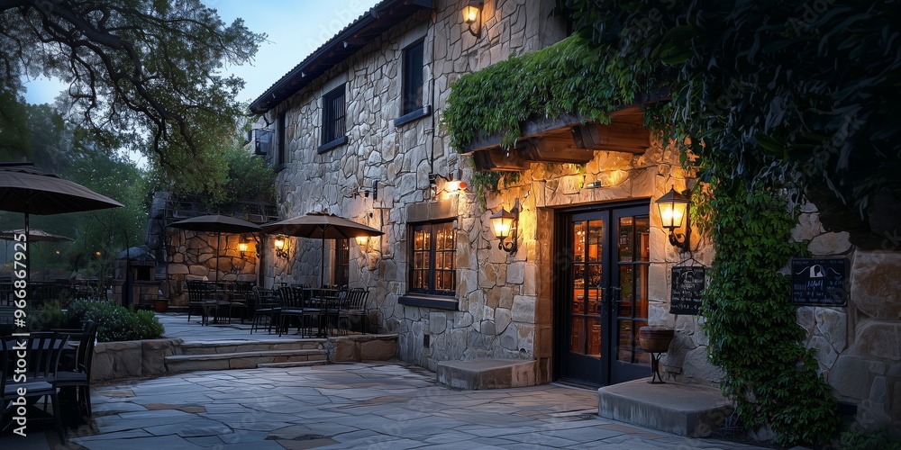 Fototapeta premium old stone villa or chateu style restaurant, bistro, or pub,