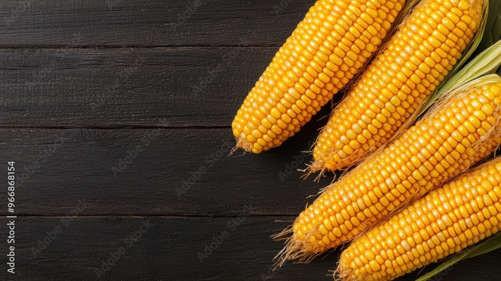 Fototapeta premium Fresh yellow corn on a rustic wooden table, highlighting its vibrant color and natural texture, perfect for culinary themes.