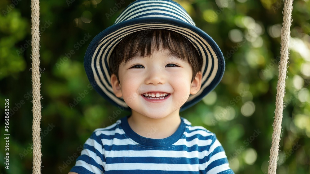Happy child in a striped shirt and hat, smiling on a swing in a lush garden, capturing the essence of joy and childhood playfulness. Happy child in a striped shirt and hat, smiling on a swing in a lush garden, capturing the essence of joy and childhood playfulness.