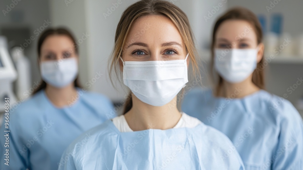 Healthcare professionals wearing masks and scrubs, showcasing teamwork and commitment to patient care in a hospital setting. Healthcare professionals wearing masks and scrubs, showcasing teamwork and commitment to patient care in a hospital setting.