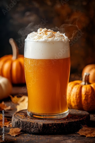 Detailed close-up of frothy pumpkin ale in a chilled beer glass, perfect for promoting autumnal beverages