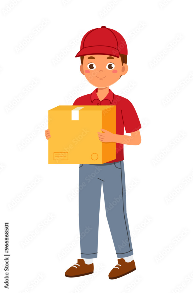 Delivery man with box. Courier in red uniform with parcel. Deliveryman with goods. Transportation, logistics and shipping. Flat vector illustration Delivery man with box. Courier in red uniform with parcel. Deliveryman with goods. Transportation, logistics and shipping. Flat vector illustration