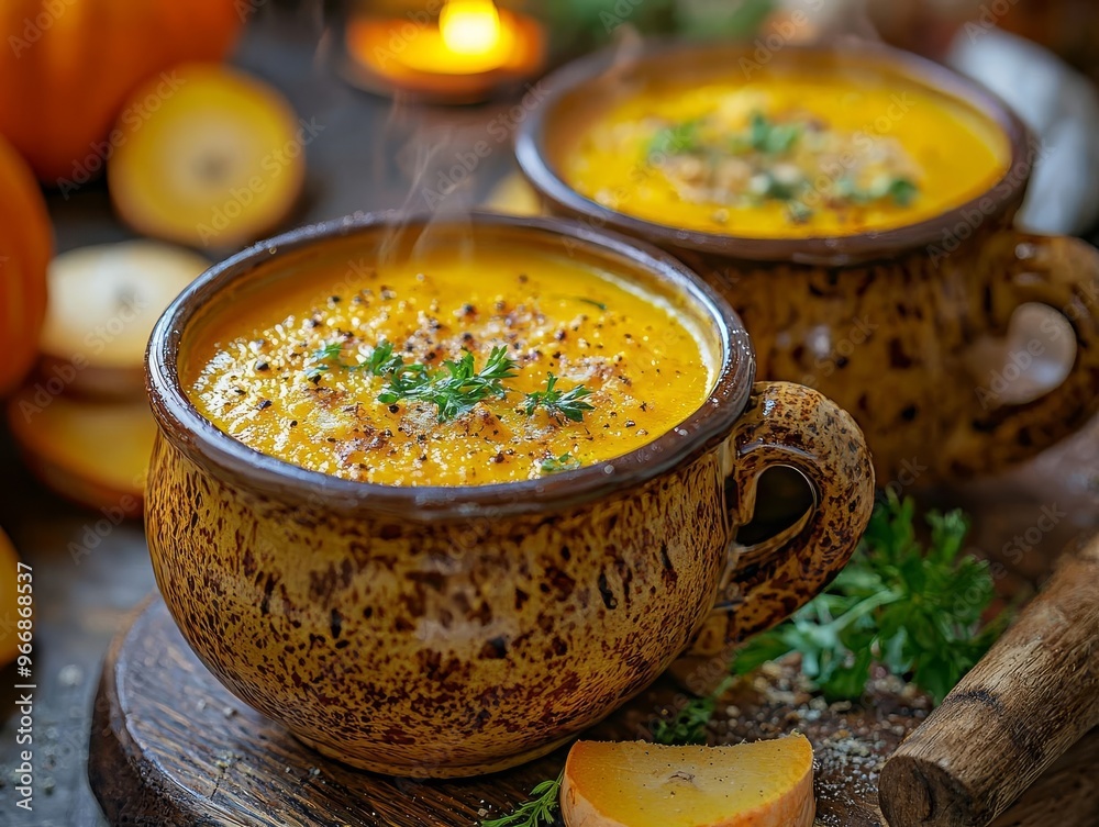 Steaming pumpkin soup in a beer stein, fusing culinary creativity with seasonal beverages Steaming pumpkin soup in a beer stein, fusing culinary creativity with seasonal beverages