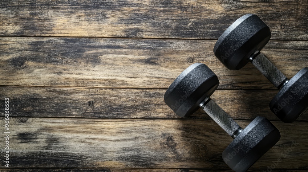 A pair of rubber dumbbells placed on a clean wooden surface, with space for strength training messaging A pair of rubber dumbbells placed on a clean wooden surface, with space for strength training messaging