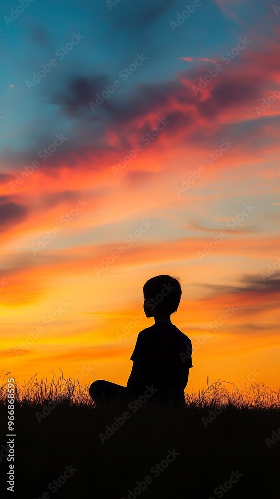 Silhouette of a boy sitting against a vibrant sunset sky, peaceful nature reflection concept Silhouette of a boy sitting against a vibrant sunset sky, peaceful nature reflection concept