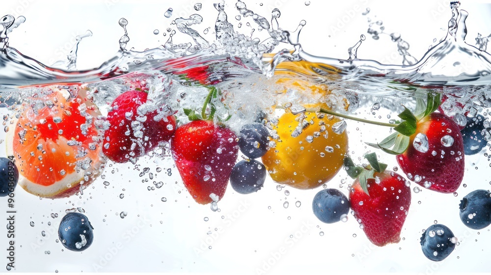 various fruits falling from a height, splashing into water, with fresh detail, isolated on a white background various fruits falling from a height, splashing into water, with fresh detail, isolated on a white background