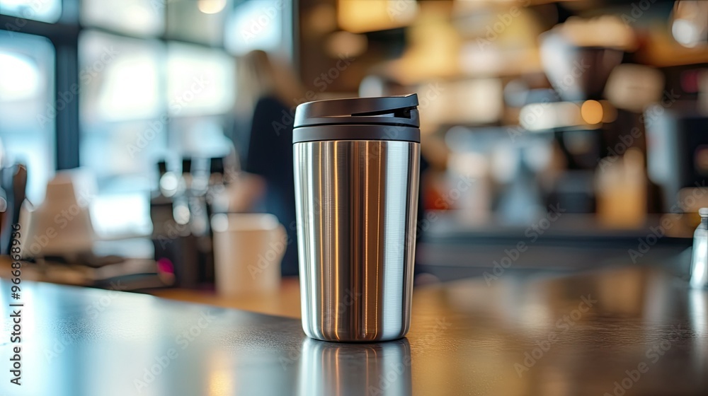 A reusable stainless steel travel mug placed on a coffee shop counter, with room for copy. A reusable stainless steel travel mug placed on a coffee shop counter, with room for copy.