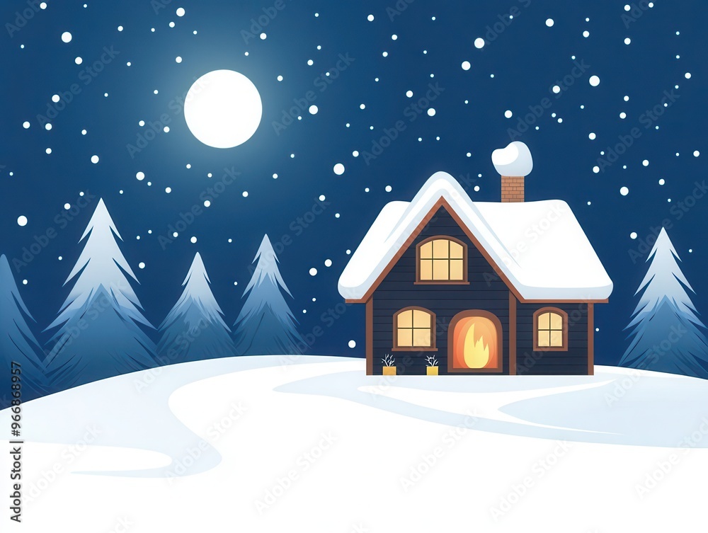 Fototapeta premium Cozy winter scene with a snow-covered house, bright moon, and pine trees under a starry night sky, creating a serene holiday atmosphere.