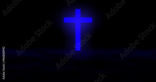 Blue cross on black background. wavy particles and beautiful light rays coming from the cross of Jesus. Salvation, truth and atonement from sins, Christianity and Holy Spirit 