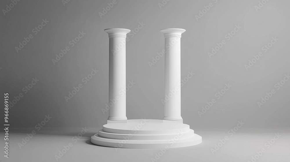 A white cylinder and square columns stand alone against a gray backdrop. This 3D model is perfect for designing modern rooms or bridges. It can also be used as a base for banners or billboards.