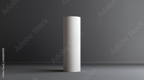 A white cylinder, like a pillar or pedestal, is shown from the front. It's on a gray background and looks like it's standing in a museum or on a stage.