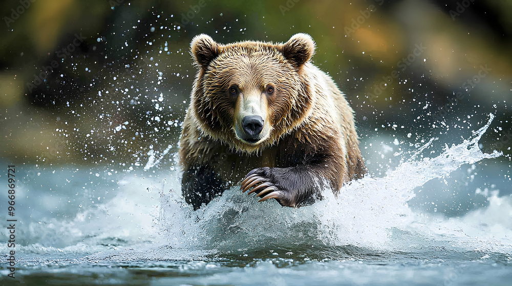 Obraz premium Grizzly Bear Splashing in River Water