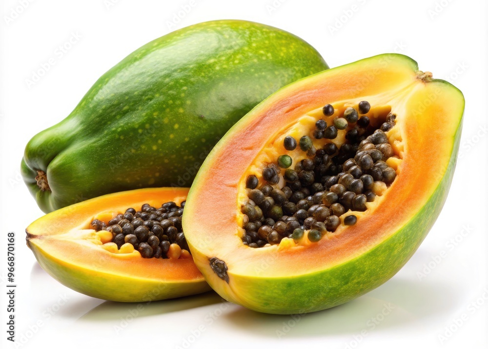 Vibrant yellow-green mafafa fruit, also known as papaya, sliced open revealing juicy pink-orange flesh and numerous shiny black seeds against a clean white background. Vibrant yellow-green mafafa fruit, also known as papaya, sliced open revealing juicy pink-orange flesh and numerous shiny black seeds against a clean white background.