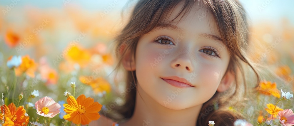 Young girl with brown hair and eyes smiling in a field of wildflowers Young girl with brown hair and eyes smiling in a field of wildflowers
