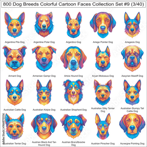 Dog Breeds Colorful Cartoon Dog Faces Collection Set of 800 Dog Faces Isolated Part 3 photo