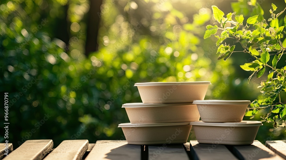 Biodegradable food containers stacked on a picnic table, with room for text promoting sustainability. Biodegradable food containers stacked on a picnic table, with room for text promoting sustainability.